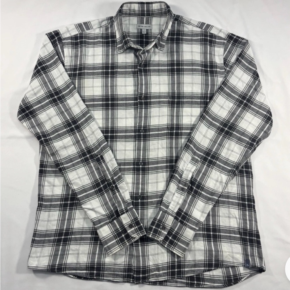 Peter Millar Gray and White Plaid Button Down Shirt Size Medium Men’s